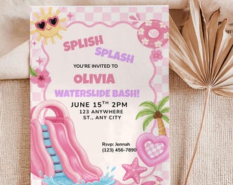Girly waterglijbaan verjaardagsuitnodiging, roze zwembadfeest uitnodiging, Splash Splash zomer verjaardag canvas sjabloon, uitnodiging waterglijbaan feest