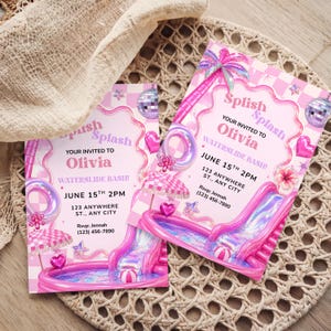 May include: Two rectangular party invitations featuring a pink checkered background, a waterslide, a disco ball, and a palm tree. The text reads: Splish Splash, YOUR INVITED TO Olivia, WATERSLIDE BASH!, JUNE 15TH 2PM, 123 ANYWHERE ST., ANY CITY, Rsvp: Jennah (123) 456-7890.