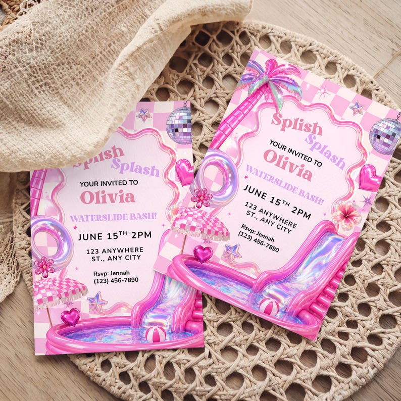 May include: Two rectangular party invitations featuring a pink checkered background, a waterslide, a disco ball, and a palm tree. The text reads: Splish Splash, YOUR INVITED TO Olivia, WATERSLIDE BASH!, JUNE 15TH 2PM, 123 ANYWHERE ST., ANY CITY, Rsvp: Jennah (123) 456-7890.