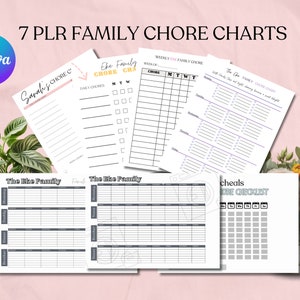 May include: Seven printable family chore charts with various layouts and designs. The charts include sections for daily and weekly chores, with spaces to write names and tasks. The text "7 PLR FAMILY CHORE CHARTS" is displayed at the top.