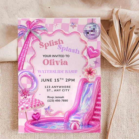 Girly Waterslide Birthday Invitation, Pink Pool Party Invite, Splash Splash Summer Birthday Canva Template, Water Slide Party Invitation