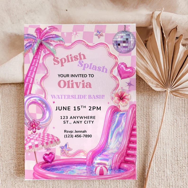 May include: A rectangular party invitation card featuring a pink checkered background with a pink inflatable waterslide, a palm tree, a disco ball, a heart, and a pool. Text reads: Splish Splash YOUR INVITED TO Olivia WATERSLIDE BASH! JUNE 15TH 2PM.