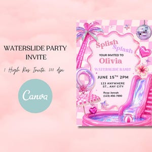 May include: A pink party invitation featuring a waterslide, pool, disco ball, and palm tree. Text reads: Splish Splash, YOUR INVITED TO Olivia, WATERSLIDE BASH!, JUNE 15TH 2PM, 123 ANYWHERE ST., ANY CITY, Rsvp: Jennah (123) 456-7890. Background is a pink checkerboard.