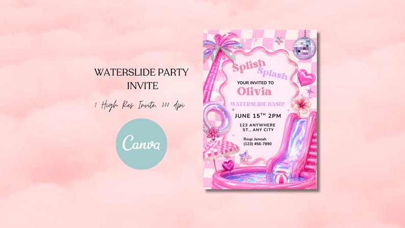 May include: A pink party invitation featuring a waterslide, pool, disco ball, and palm tree. Text reads: Splish Splash, YOUR INVITED TO Olivia, WATERSLIDE BASH!, JUNE 15TH 2PM, 123 ANYWHERE ST., ANY CITY, Rsvp: Jennah (123) 456-7890. Background is a pink checkerboard.