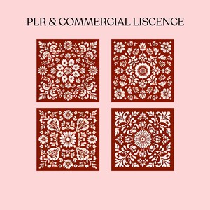May include: Four square designs with floral patterns in white on a dark red background. The text "PLR & COMMERCIAL LISCENCE" is at the top. Each square features a different floral arrangement, creating a cohesive yet varied set.