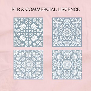 May include: Four square designs with floral patterns in white on a muted teal background. The designs are framed and arranged in a grid. The text "PLR & COMMERCIAL LISCENCE" is at the top of the image, in black font, against a pink background.