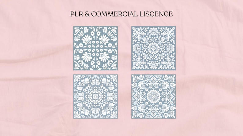 May include: Four square designs with floral patterns in white on a muted teal background. The designs are framed and arranged in a grid. The text "PLR & COMMERCIAL LISCENCE" is at the top of the image, in black font, against a pink background.