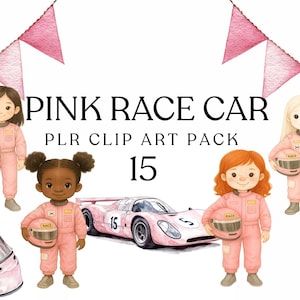 Pink Race Car Watercolor Clipart Bundle - Girl Racing Car Clip Art, Cute Racer Helmet,Wheels - Baby Girl Racing Birthday Decor