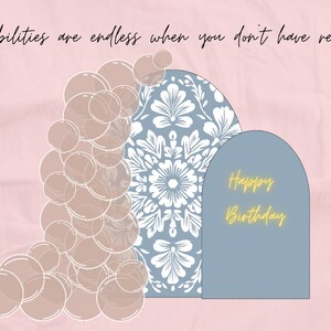 May include: A digital illustration with a pink background and the text "The possibilities are endless when you don't have restrictions!". The image features a blue arch with "Happy Birthday" in gold.