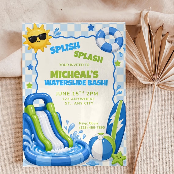 Waterslide Birthday Invitation, Splash Splash Pool Party Invite, Boy Summer Birthday Canva Template, Editable Water Slide Party Invitation