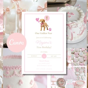 One Golden Year First Birthday Invitation | 5x7 Editable Canva Template | Puppy Theme Digital Download