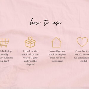 May include: A pink background with the words "how to use" in cursive. Gold icons of a shopping cart, a gift box, a house, and a heart are displayed with instructions: read the listing, confirmation email, order delivered, and leave a review.