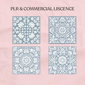 May include: Four square designs with floral patterns in white on a muted teal background. The designs are framed and arranged in a grid. The text "PLR & COMMERCIAL LISCENCE" is at the top of the image, in black font, against a pink background.