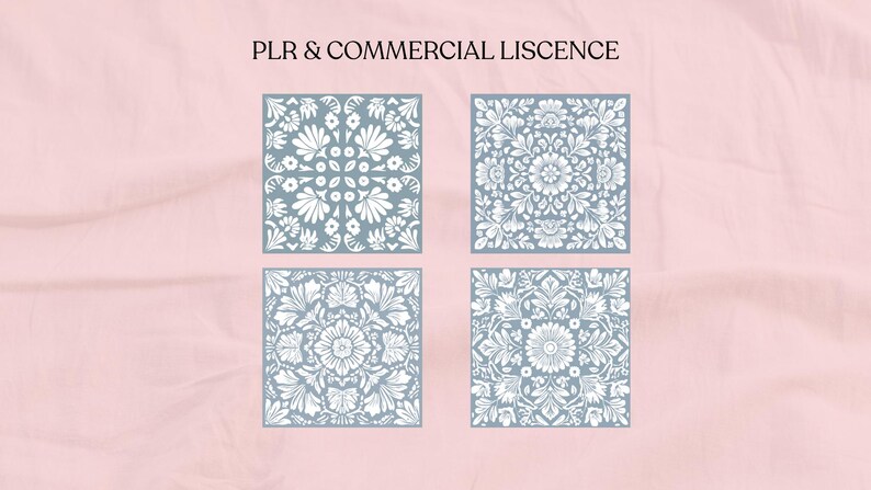 May include: Four square designs with floral patterns in white on a muted teal background. The designs are framed and arranged in a grid. The text "PLR & COMMERCIAL LISCENCE" is at the top of the image, in black font, against a pink background.