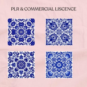 May include: Four square designs with intricate blue and white floral patterns. The designs are arranged on a pink background, with the text "PLR & COMMERCIAL LISCENCE" at the top. The floral patterns are symmetrical and detailed.