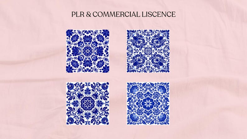 May include: Four square designs with intricate blue and white floral patterns. The designs are arranged on a pink background, with the text "PLR & COMMERCIAL LISCENCE" at the top. The floral patterns are symmetrical and detailed.
