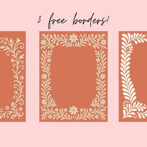 May include: Three terracotta-colored rectangular designs with floral borders in cream. The designs are arranged on a pink background. The text "3 free borders!" is written in a cursive font above the designs.