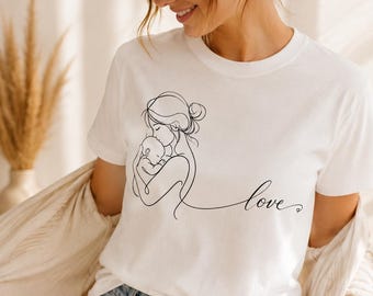 Koszulka z napisem „Mamusia i miłość” dla rodzeństwa, minimalistyczna, jednoliniowa grafika, mama, dzieci, emocjonalny prezent z okazji narodzin, personalizowany brat, siostra
