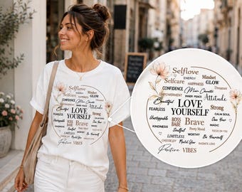 Koszulka w stylu boho „Self-Love” dla kobiet – motywujący, obszerny T-shirt z kwiatowym wzorem | Estetyczna koszulka z motywem dbania o siebie | Prezent z pozytywnymi wibracjami dla kobiet