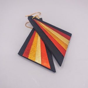 Art Deco inspired autumn colours Triangle leather earrings, metallic gold,red and orange earrings. Lightweight statement earrings