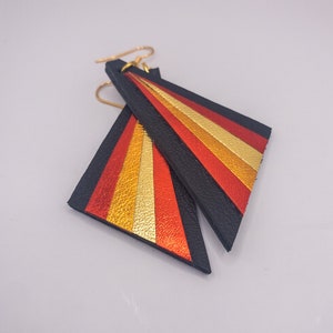 Autumn colours Art Deco Leather Triangle Earrings: Metallic Gold, Red Orange