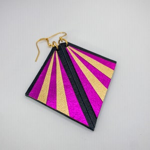 Art Deco Leather Earrings: Pink & Gold Metallic Triangle Statement Earrings