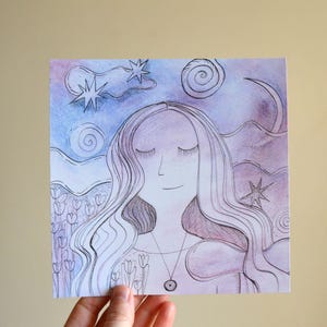 Pocztówka „Dreaming”. Rysunek tuszem i akwarelą. Marzycielska i romantyczna sztuka. Wydrukowana. A6.