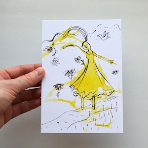 Carte postale « Danseuse au printemps ».  Aquarelle et dessin à l'encre. Art féminin et beau. Imprimé. R6.