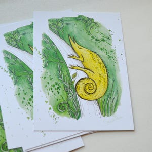 Postcard "Exotic". Chameleon on a tree. Watercolor and ink drawing. A6. Cute and fun art.