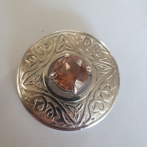 Scottish Silver Plated Plaid Brooch - Glass Amethyst Stone - Celtic Knot Design - Signed JAF Scotland