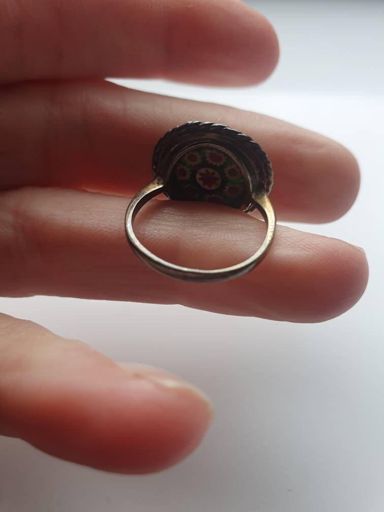 Bague Ancienne En Verre Millefiori Sur Argent Massif 925 - Taille 53.5