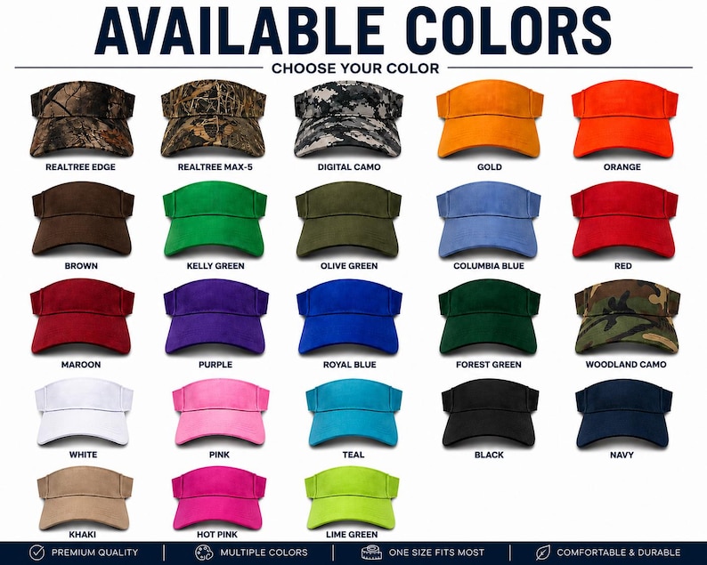 May include: A color chart displaying twenty-five sun visors in various patterns and solid colors including Realtree Edge, Realtree Max-5, digital camo, woodland camo, gold, orange, brown, kelly green, olive green, blue, red, maroon, purple, and white.
