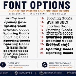 May include: A digital chart titled FONT OPTIONS displaying twenty-two numbered typeface styles. Each line features the text Sporting Goods in a unique font. The chart includes informational text regarding capital letters and additional font availability.