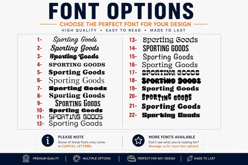 May include: A digital chart titled FONT OPTIONS displaying twenty-two numbered typeface styles. Each line features the text Sporting Goods in a unique font. The chart includes informational text regarding capital letters and additional font availability.