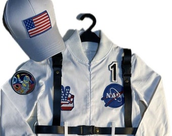 Gepersonaliseerde katoenen astronaut jumpsuit peuter, astronaut kostuum voor 1e verjaardag, ruimte thema outfit, fotografie rekwisieten