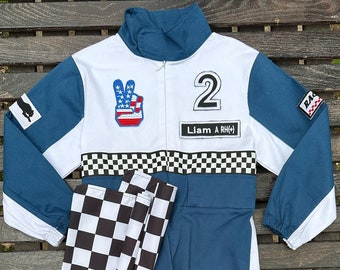 Cotton Fast One Birthday Race Jumpsuit, Long-Short Custom Blue Kids Racing Suit, Personalized 1st Birthday Outfit, Racing Overalls