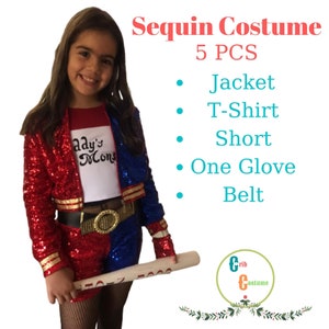 Sequin Harley Quinner Costume for Kids, Girls Harley Quinn Costume, Halloween Costume for Toddler, Harley Quinn Cosplay Sequin Jacket, 5pcs