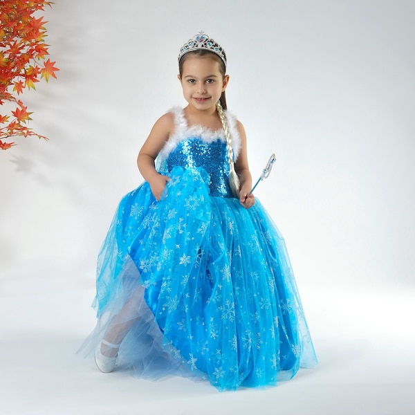 Elsa Disney Princess Dress, Ball Gown for Girls, Frozen Elsa Costume, Princess Dress for 1st Birthday, Ice Blue Tulle Dress