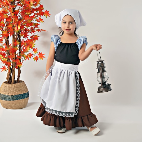 Medieval Village Girl Costume, Halloween Costume, Renaissance Girl Dress, Colonial Peasant Costume, Early American Girl Costume, 2T - 10T