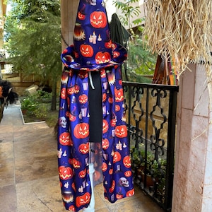 Mystical Witch Costume Set – Satin Cape and Hat with Vibrant Halloween Patterns!