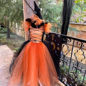 Enchanting Orange & Black Witch Costume – Perfect for Halloween or Dress-Up Fun!