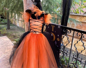 black and orange halloween dress Mom Vampiress Girl Costume Orange 5-6 Years Kids