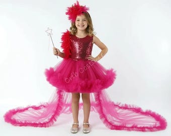 Fuchsia Sequin Flower Girl Dress: Detachable Train, Headband & Boa
