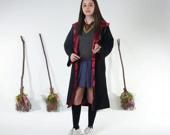 Girls' Wizard Costume Set: Robe, Wand, Sweater, Skirt & Tie