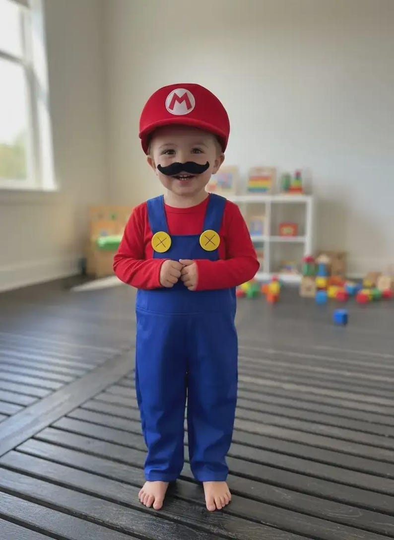 Disfraz de Super Mario hecho a mano: mono de algodón, gorro y bigote imagen 1