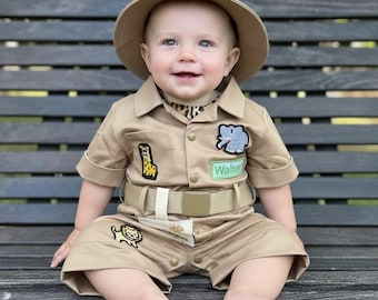 Personalized Safari Kids Costume: Brown Jumpsuit, Explorer Outfit