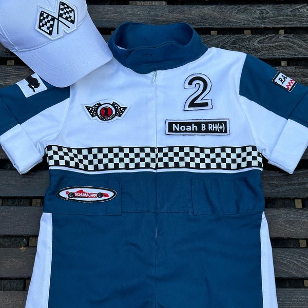 Personalized Blue Racer Checkered Racing Jumpsuit for Toddlers - Long-Short Design, Short Sleeve - Racing Overalls, Car Costume