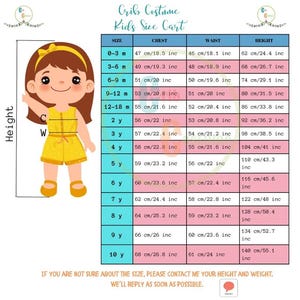May include: A yellow jumpsuit with a matching headband is worn by a cartoon girl. A size chart for children's costumes is displayed, showing chest, waist, and height measurements in inches and centimeters.