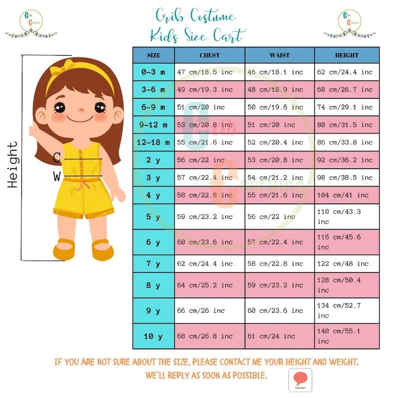 May include: A yellow jumpsuit with a matching headband is worn by a cartoon girl. A size chart for children's costumes is displayed, showing chest, waist, and height measurements in inches and centimeters.