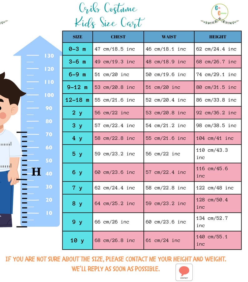 Puede incluir: Un gr&aacute;fico que muestra las tallas de los disfraces de cuna para ni&ntilde;os de 0 a 3 meses a 10 a&ntilde;os. El gr&aacute;fico muestra la talla en meses o a&ntilde;os, la medida del pecho en pulgadas y cent&iacute;metros, la medida de la cintura en pulgadas y cent&iacute;metros, y la medida de la altura en pulgadas y cent&iacute;metros.